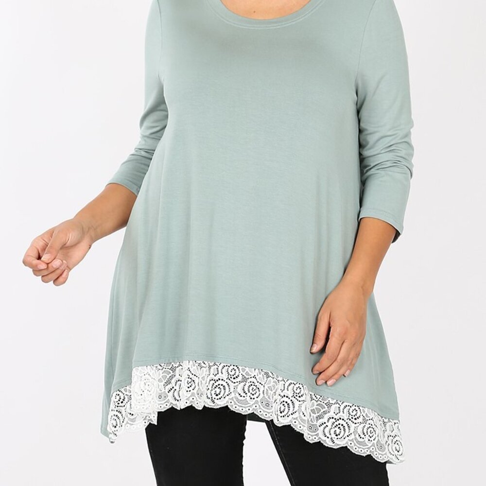 Last Ones! New Zenana Premium Women's Lace Trim 3/4 Sleeve Ash Mint Green Small